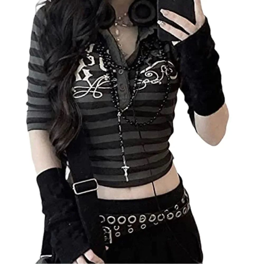 Grunge Fairy Shirt for Women Long Sleeve Crop Top Vintage Striped Print Y2K